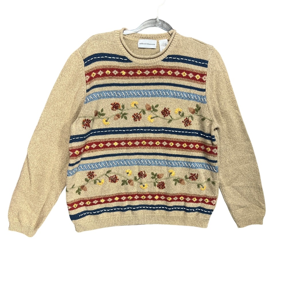 Vintage Floral Acorn Embroidered Sweater Rolled Hem Ramie Cotton Large Cottage
